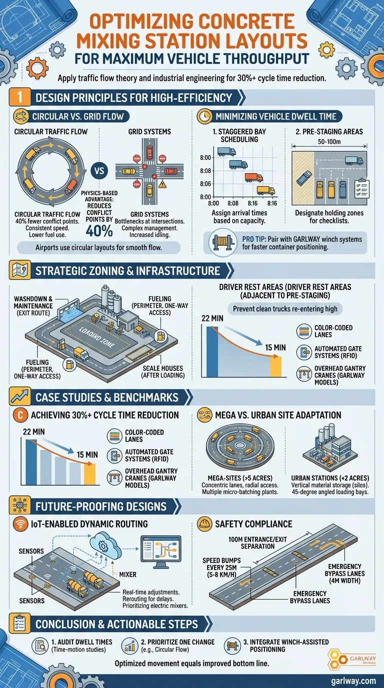 최대 차량 처리량을 위한 콘크리트 혼합 설비 레이아웃 최적화 방법 시각적 가이드