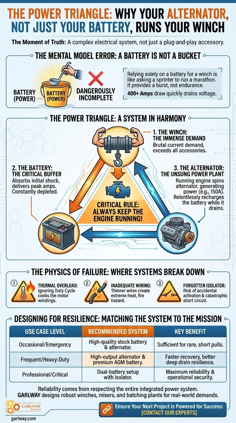 O Triângulo de Potência: Por Que o Seu Alternador, e Não Apenas a Bateria, Alimenta o Seu Guindaste Guia Visual