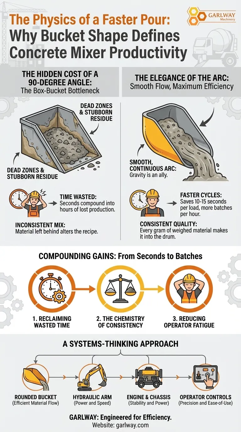 A Física de um Despejo Mais Rápido: Por Que o Formato do Balde Define a Produtividade da Betoneira Guia Visual