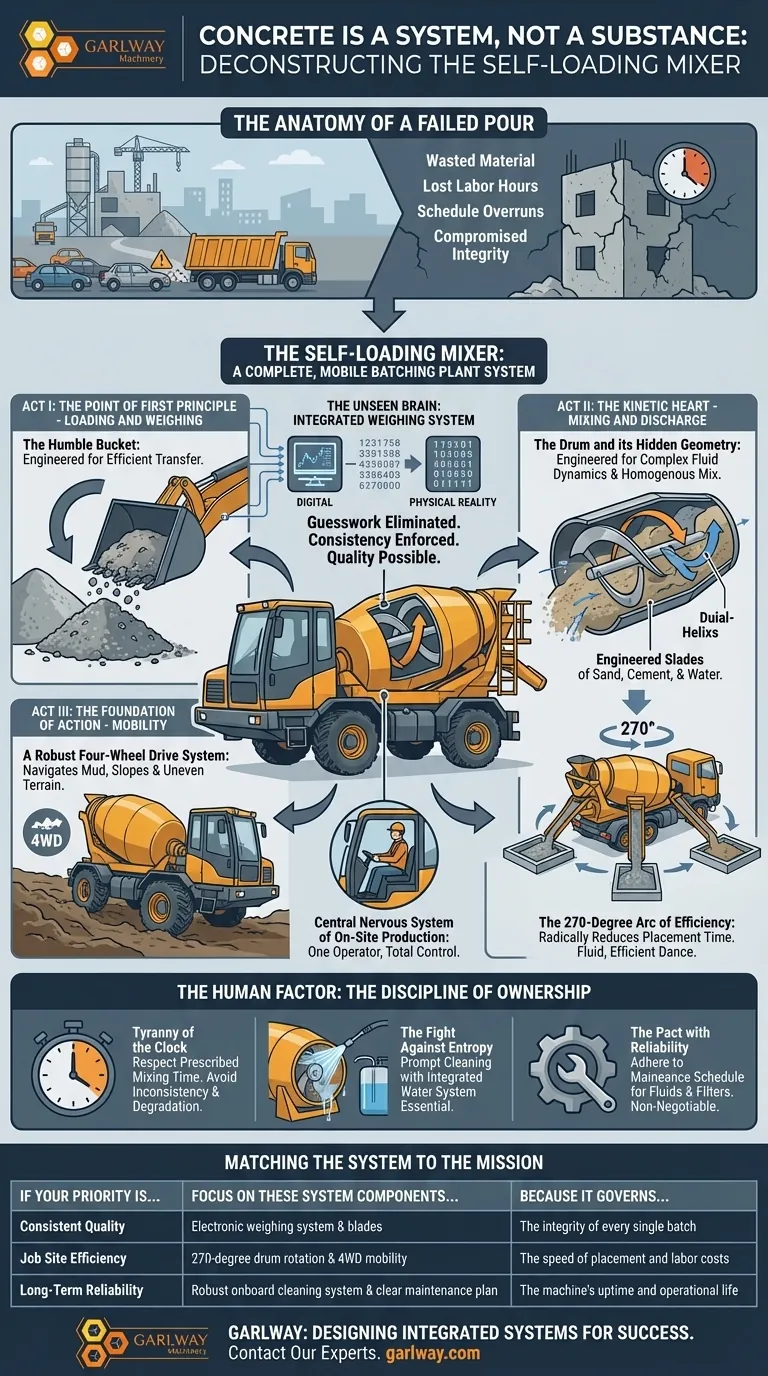 コンクリートは物質ではなくシステムである：セルフローディングミキサーの解体 ビジュアルガイド