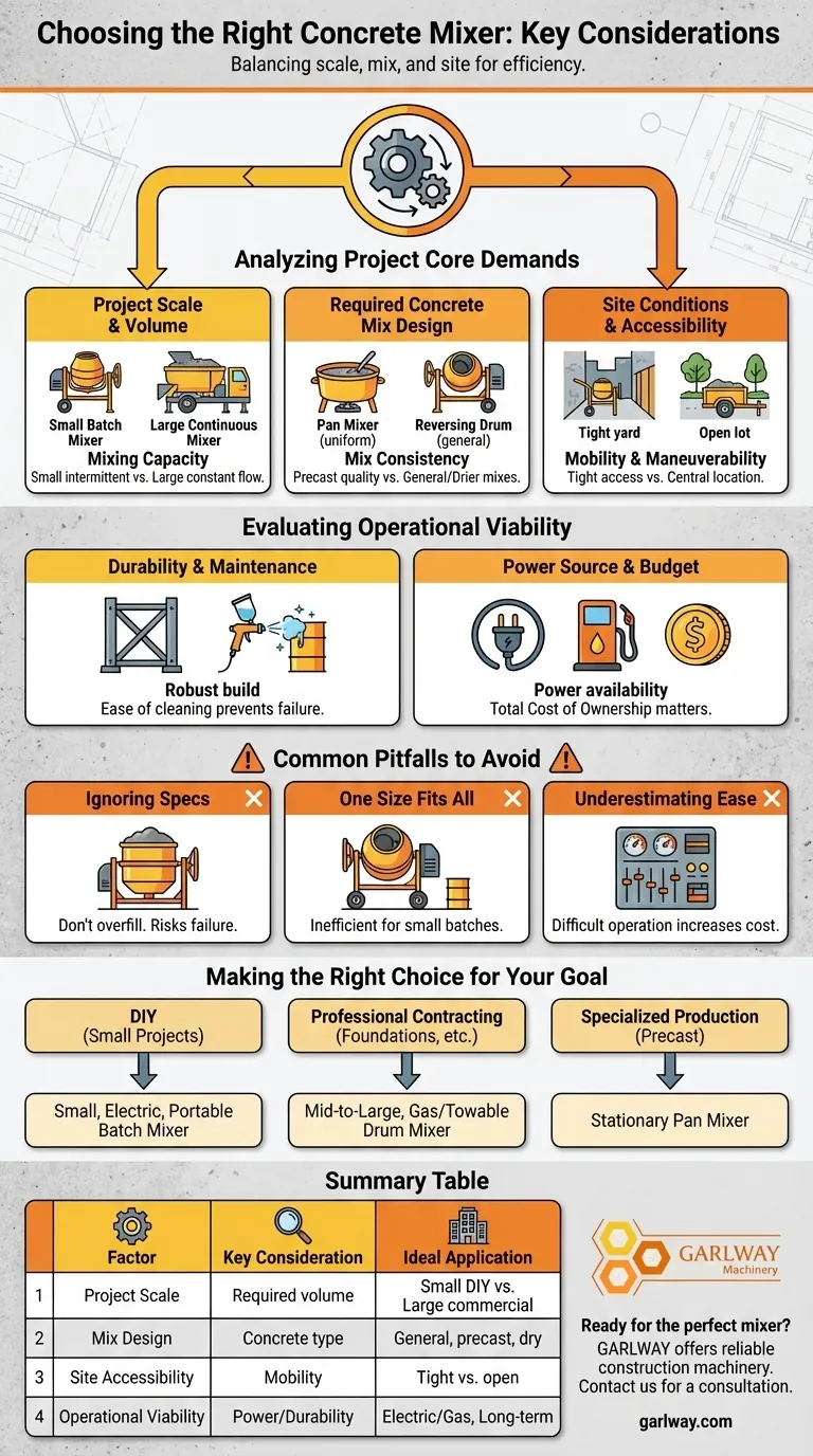 最適な結果を得るために、プロジェクトのニーズに合ったコンクリートミキサーを選ぶ際に考慮すべき要素は何ですか？ ビジュアルガイド