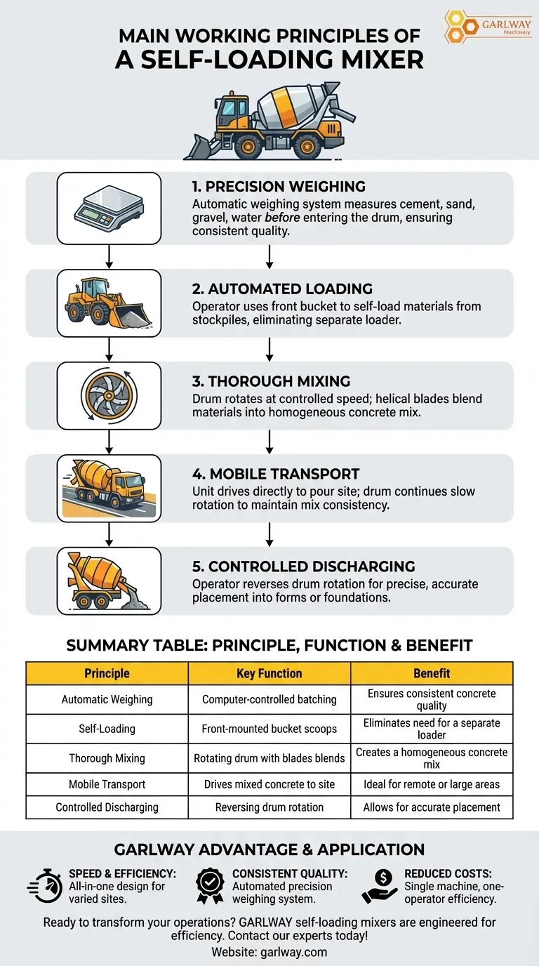 자가 적재 믹서의 주요 작동 원리는 무엇인가요? 현장 콘크리트 효율성 극대화 시각적 가이드