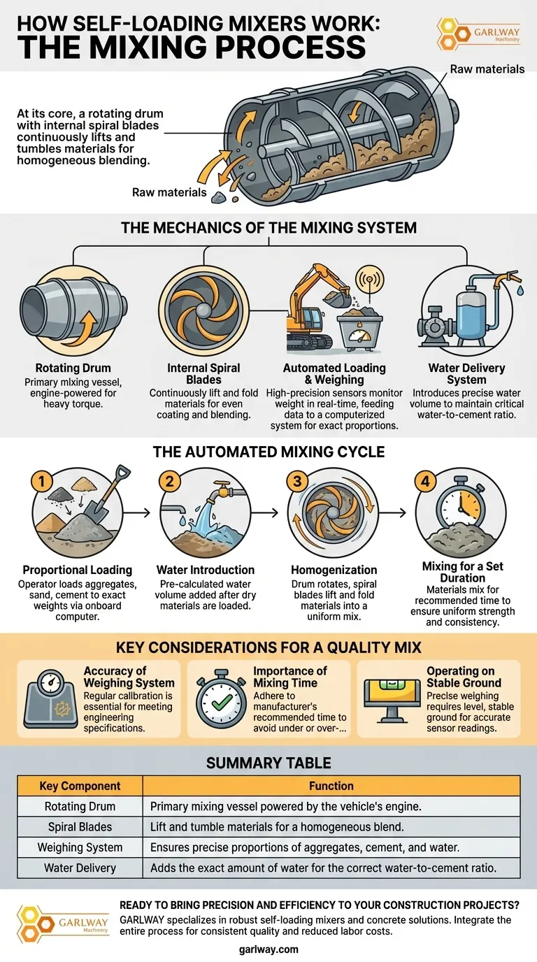 자가 로딩 믹서의 혼합 공정은 어떻게 작동합니까? 현장에서 완벽한 콘크리트를 구현하세요. 시각적 가이드
