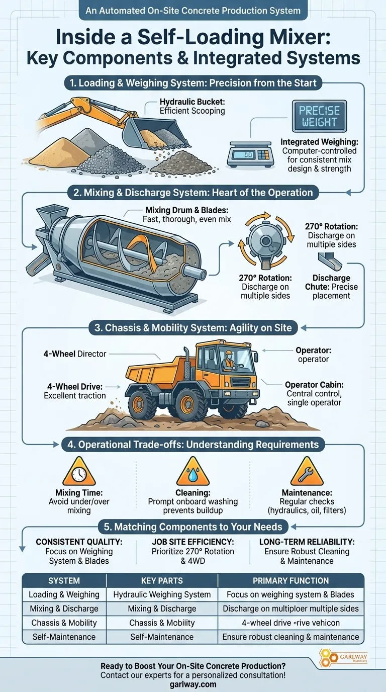 자가 로딩 믹서의 중요한 구성 요소는 무엇인가요? 현장 콘크리트 생산을 위한 핵심 시스템 시각적 가이드