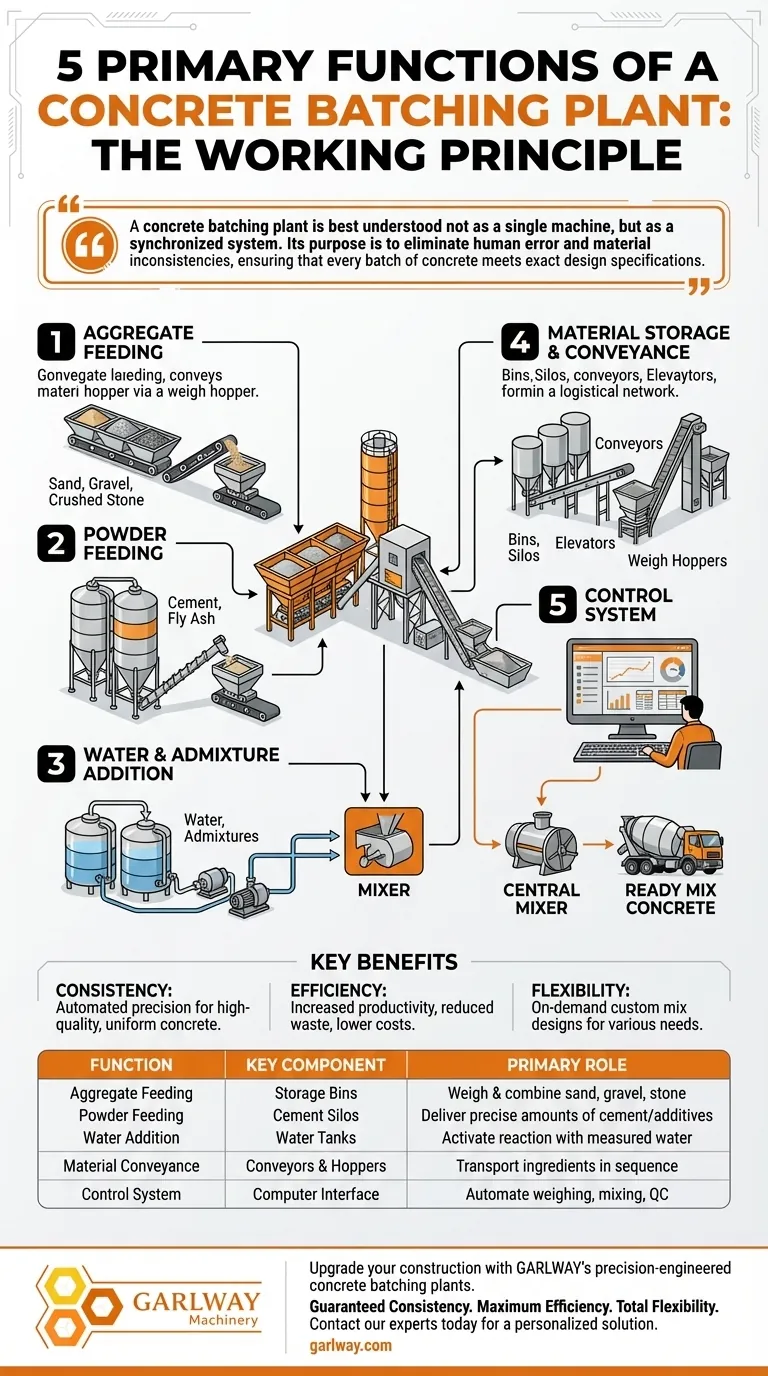 콘크리트 배치 플랜트의 작동 원리에서 다섯 가지 주요 기능은 무엇인가요? 건설 효율성을 최적화하세요. 시각적 가이드