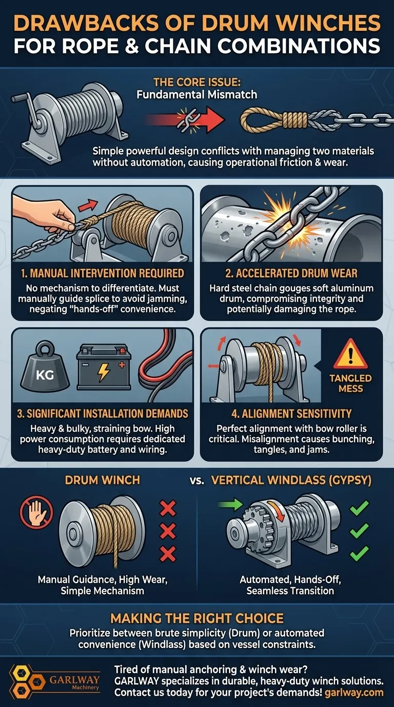 ¿Cuáles son los inconvenientes de usar un molinete de tambor para combinaciones de cadena y cuerda? Operación manual y alto desgaste Guía Visual