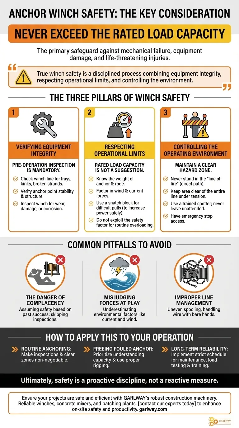 アンカーウインチの操作における重要な安全上の考慮事項は何ですか？ 定格負荷容量を超えることは絶対にしないでください。 ビジュアルガイド