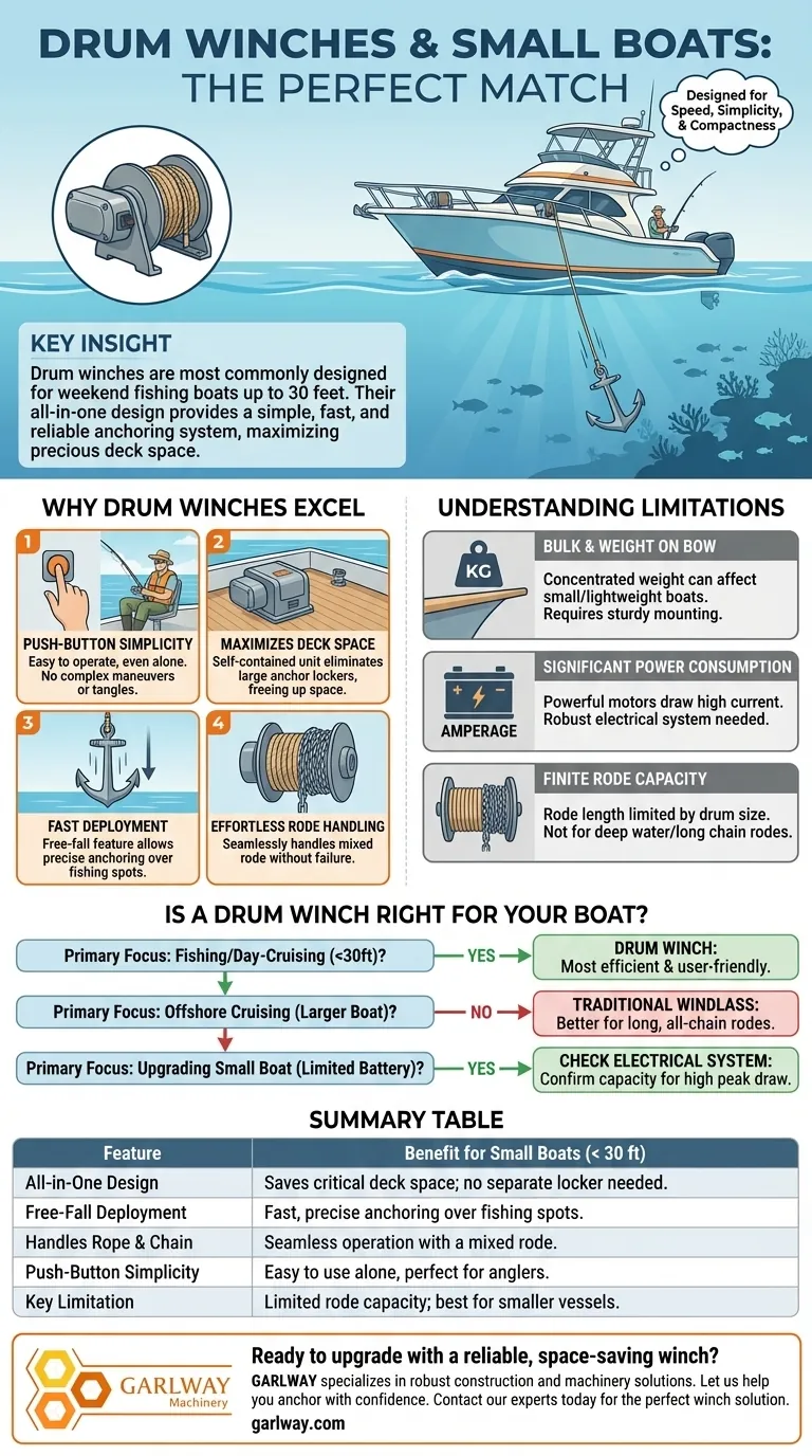 드럼 윈치는 어떤 종류의 보트에 가장 적합하도록 설계되었나요? 30피트 이하의 주말 낚시 보트에 완벽합니다. 시각적 가이드