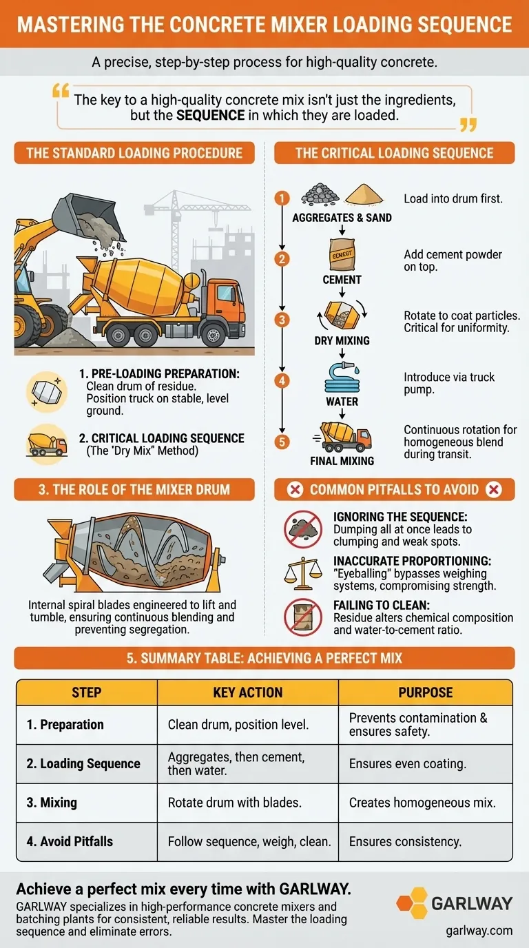 How are aggregates and sand incorporated into the concrete mixer truck? A Guide to the Perfect Loading Sequence Visual Guide