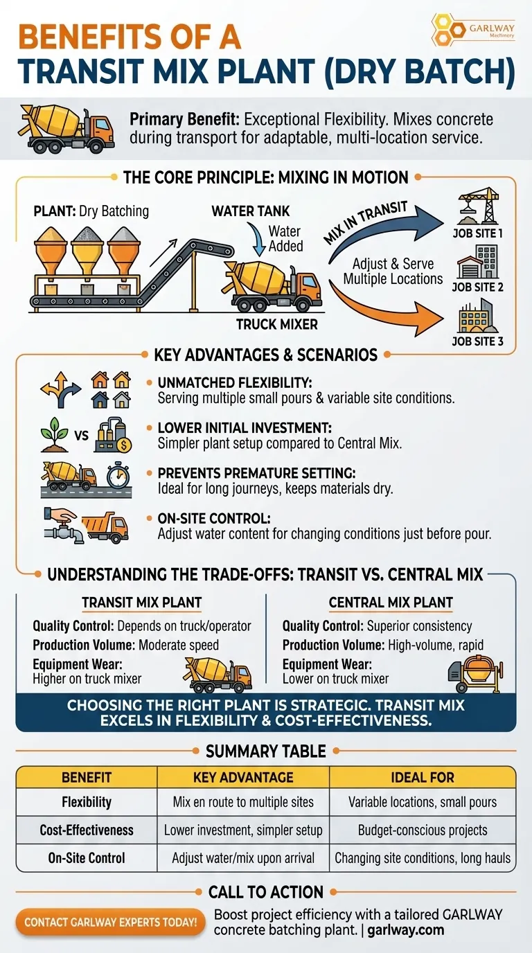 What are the benefits of a transit mix plant? Unmatched flexibility and lower cost for your projects. Visual Guide
