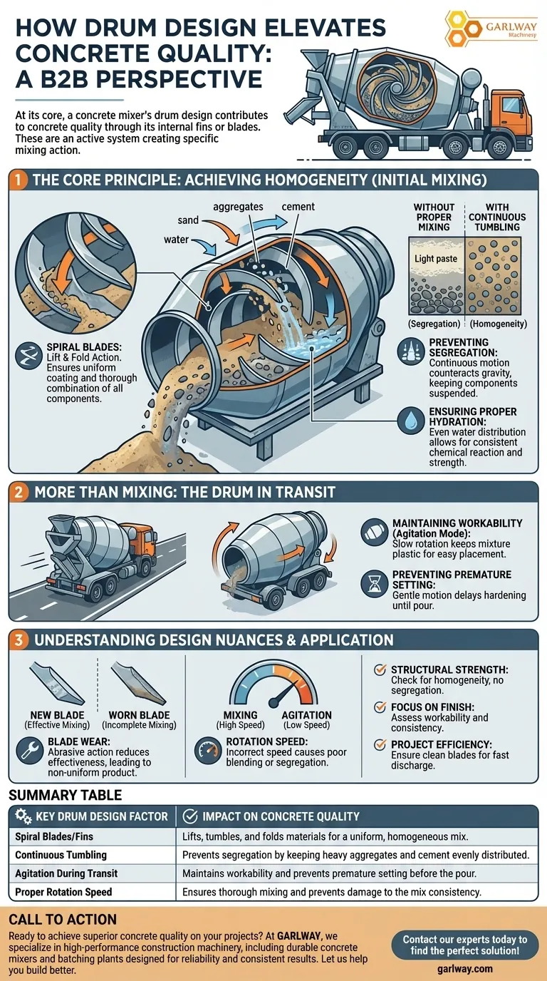 How does the drum design contribute to concrete quality? Ensure Homogeneous, Workable Mixes Visual Guide