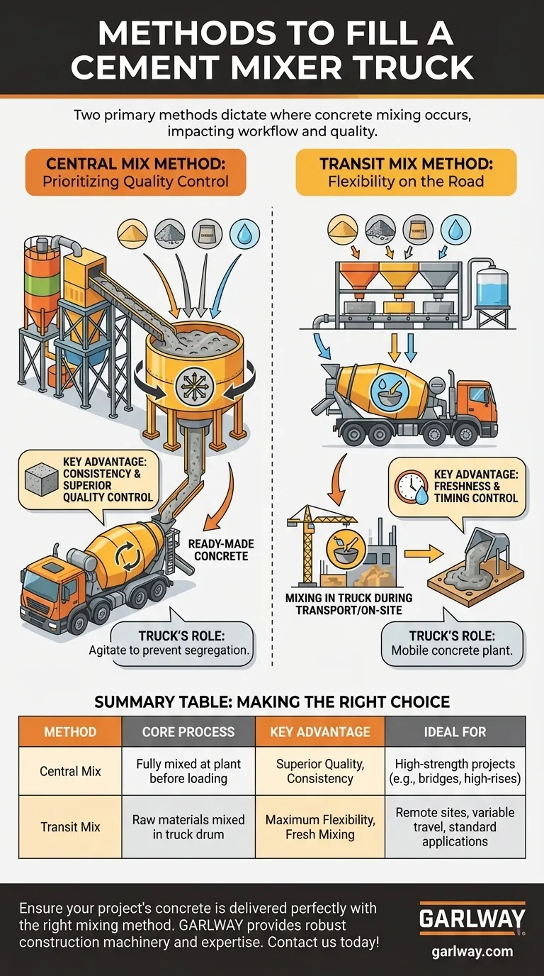 ما هي الطرق الأساسية لملء شاحنة خلاطة الأسمنت؟ شرح الخلط المركزي مقابل الخلط العابر دليل مرئي