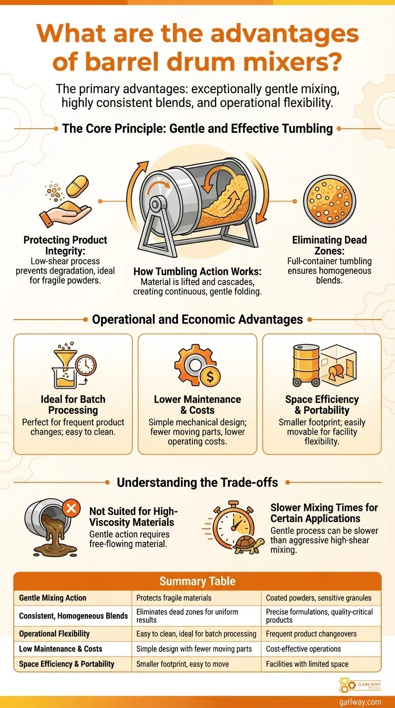 배럴 드럼 믹서의 장점은 무엇인가요? 민감한 재료에 대한 부드럽고 일관된 혼합 달성 시각적 가이드