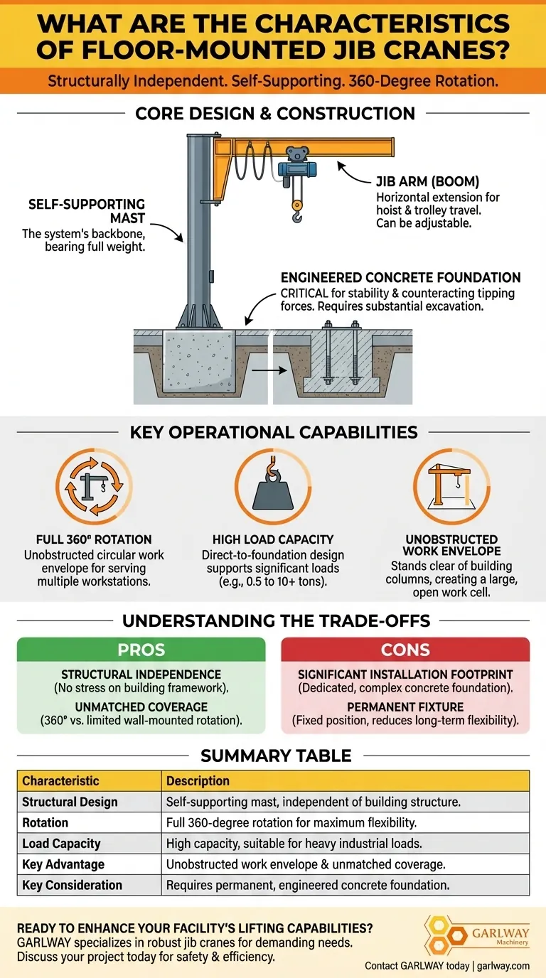 플로어 마운트 지브 크레인의 특징은 무엇인가요? 독립적인 리프팅 파워 가이드 시각적 가이드