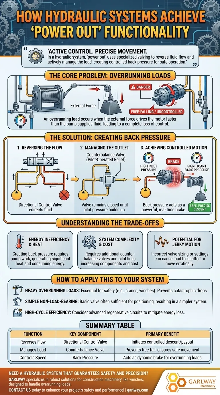 How does the hydraulic system achieve 'power out' functionality? Ensuring Safe, Controlled Load Management Visual Guide