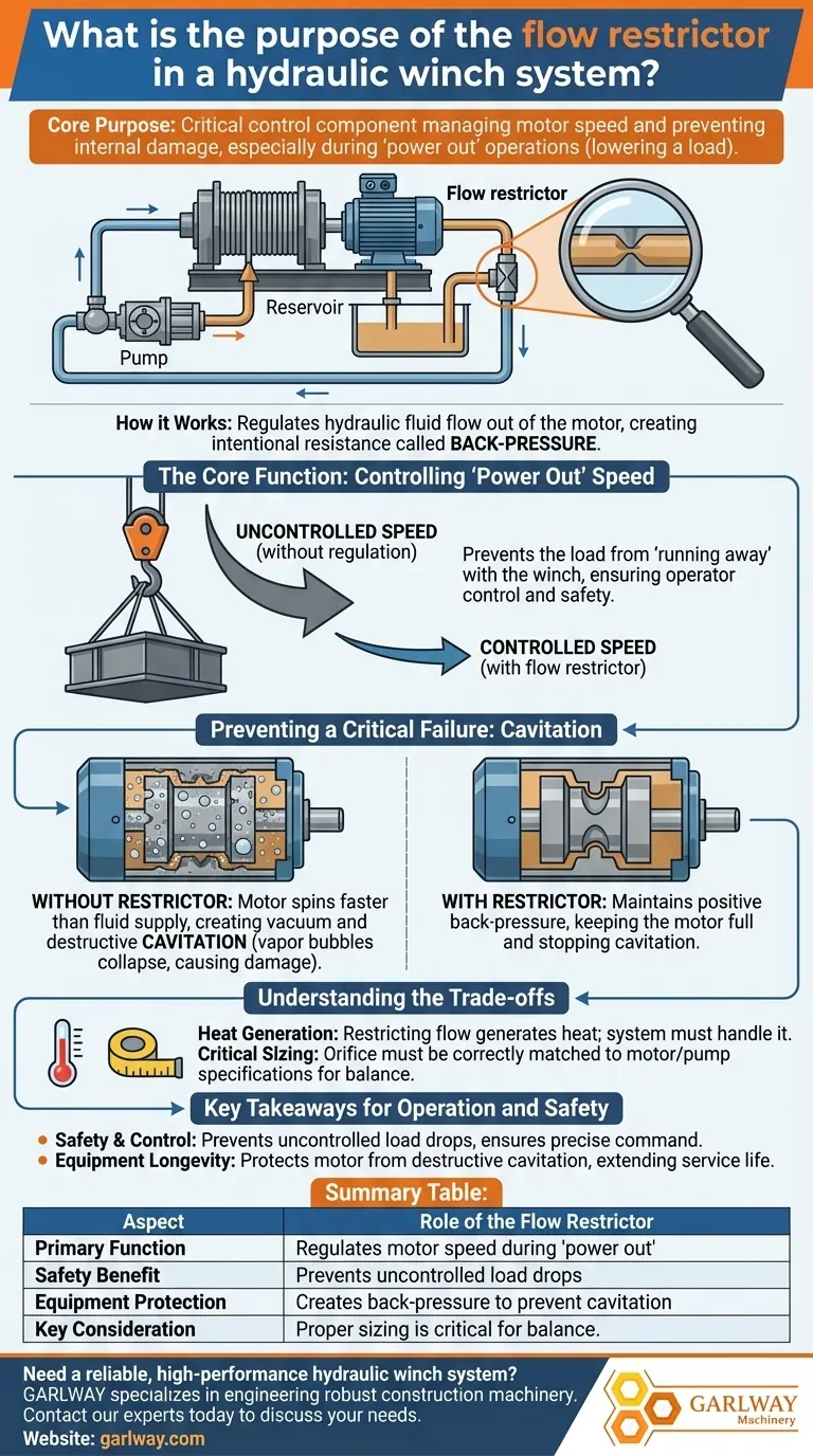유압 윈치 시스템에서 유량 제한기의 목적은 무엇인가요? 속도 제어 및 손상 방지 시각적 가이드