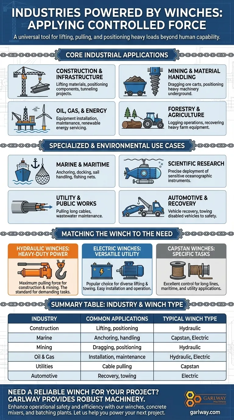 윈치를 일반적으로 사용하는 산업은 무엇인가요? 여러 분야에서 중장비 작업을 지원합니다. 시각적 가이드