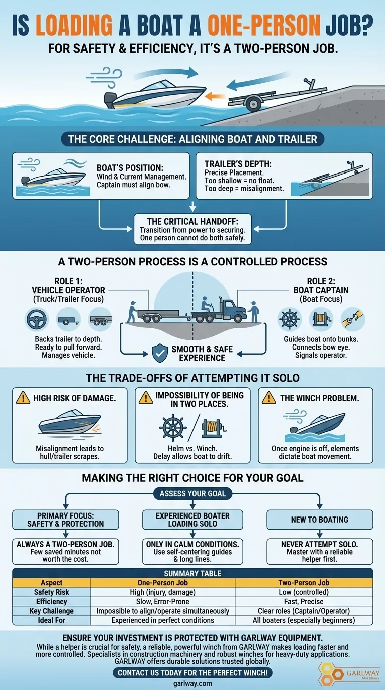 보트를 트레일러에 싣는 작업은 혼자 할 수 있나요? 두 사람이 함께하면 더 안전하고 효율적인 이유는 무엇인가요. 시각적 가이드