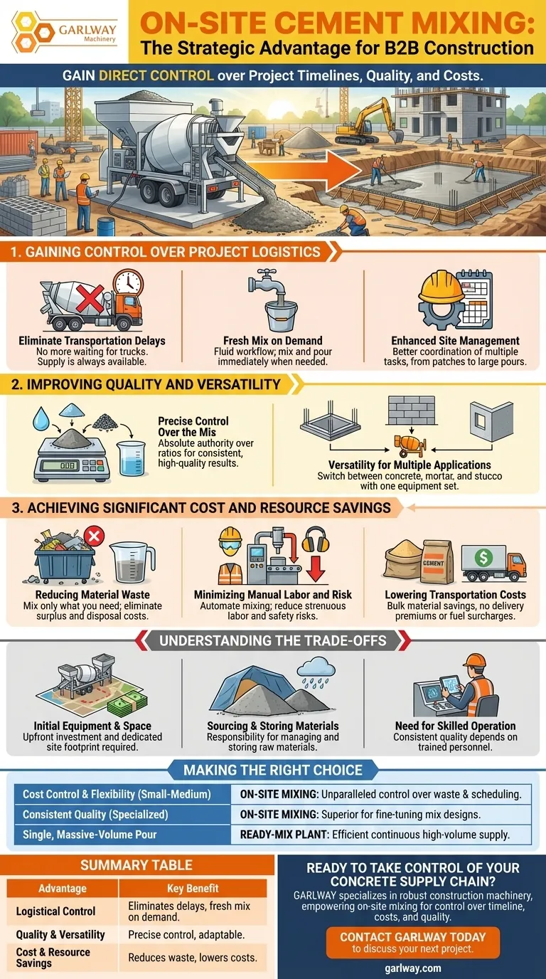 현장 시멘트 혼합의 이점은 무엇인가요? 프로젝트 일정 및 비용에 대한 완전한 통제권을 확보하세요. 시각적 가이드