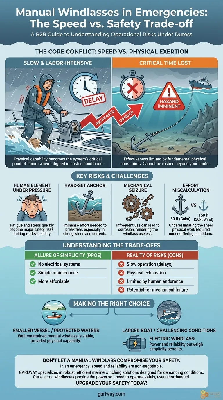 긴급 상황에서 수동 앵커 윈들리스를 사용할 때 발생할 수 있는 우려는 무엇입니까? 속도가 중요할 때 느린 회수 시각적 가이드