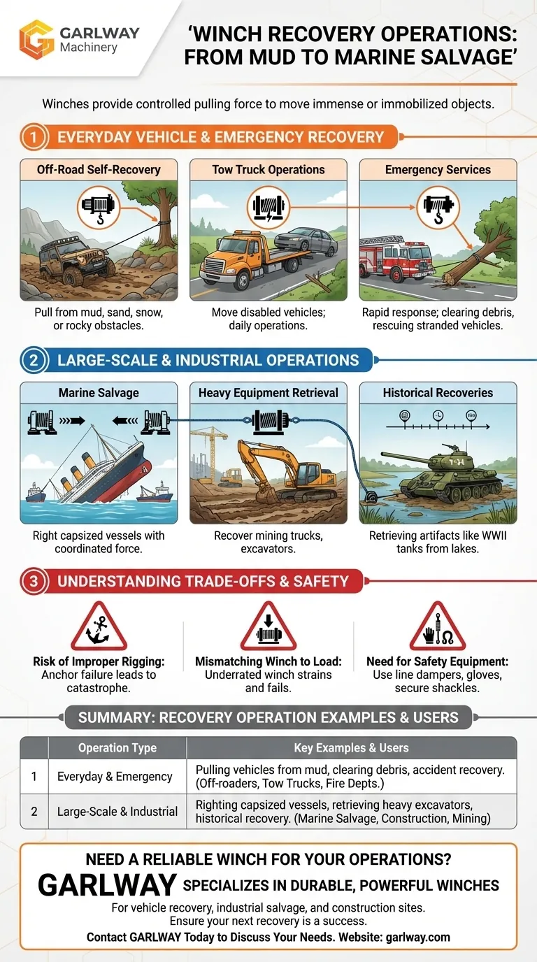 ما هي بعض الأمثلة على عمليات الاستعادة التي تستخدم الرافعات؟ من الاستعادة الذاتية للطرق الوعرة إلى إنقاذ السفن. دليل مرئي