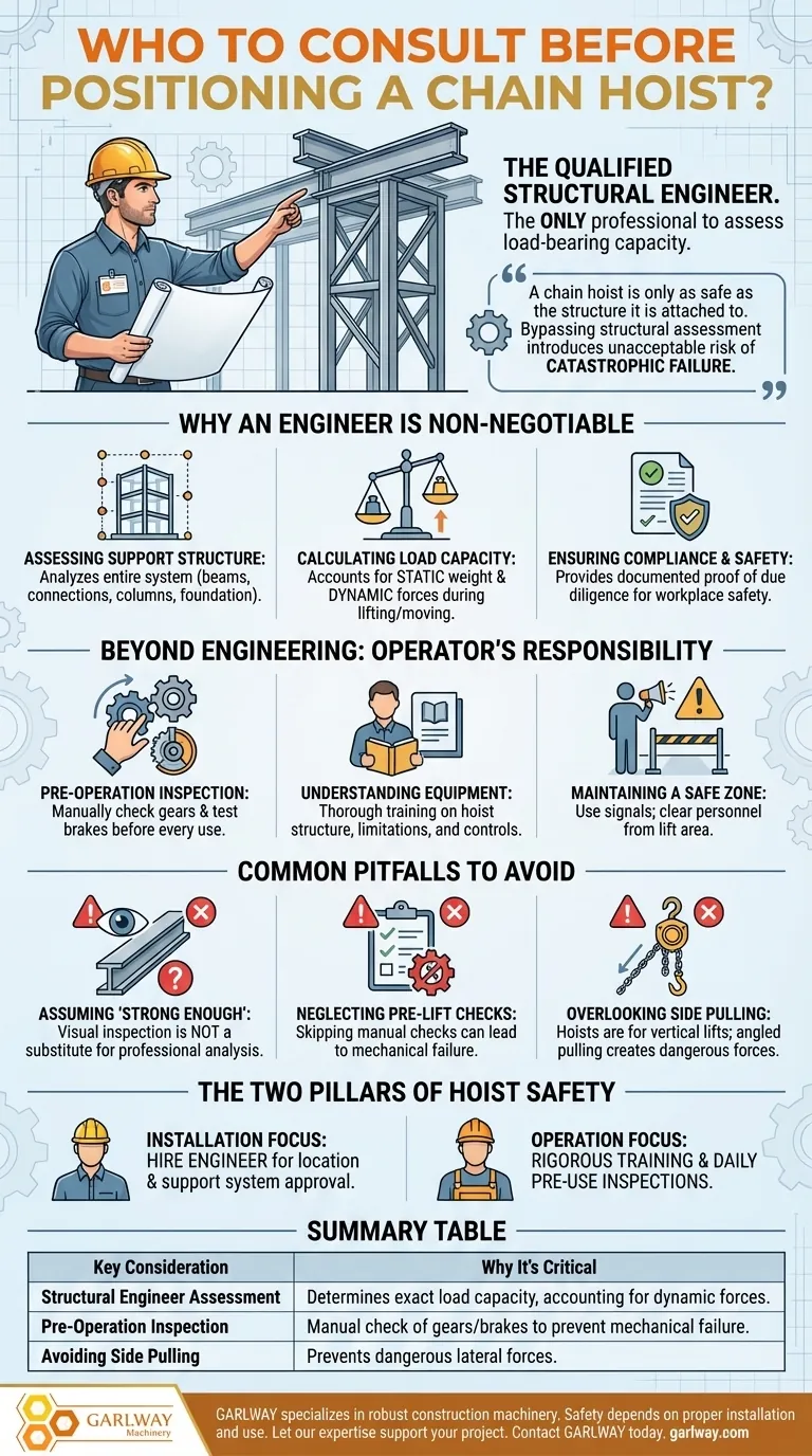 체인 호이스트를 설치하기 전에 어떤 전문가와 상담해야 합니까? 구조적 안전을 최우선으로 하십시오. 시각적 가이드