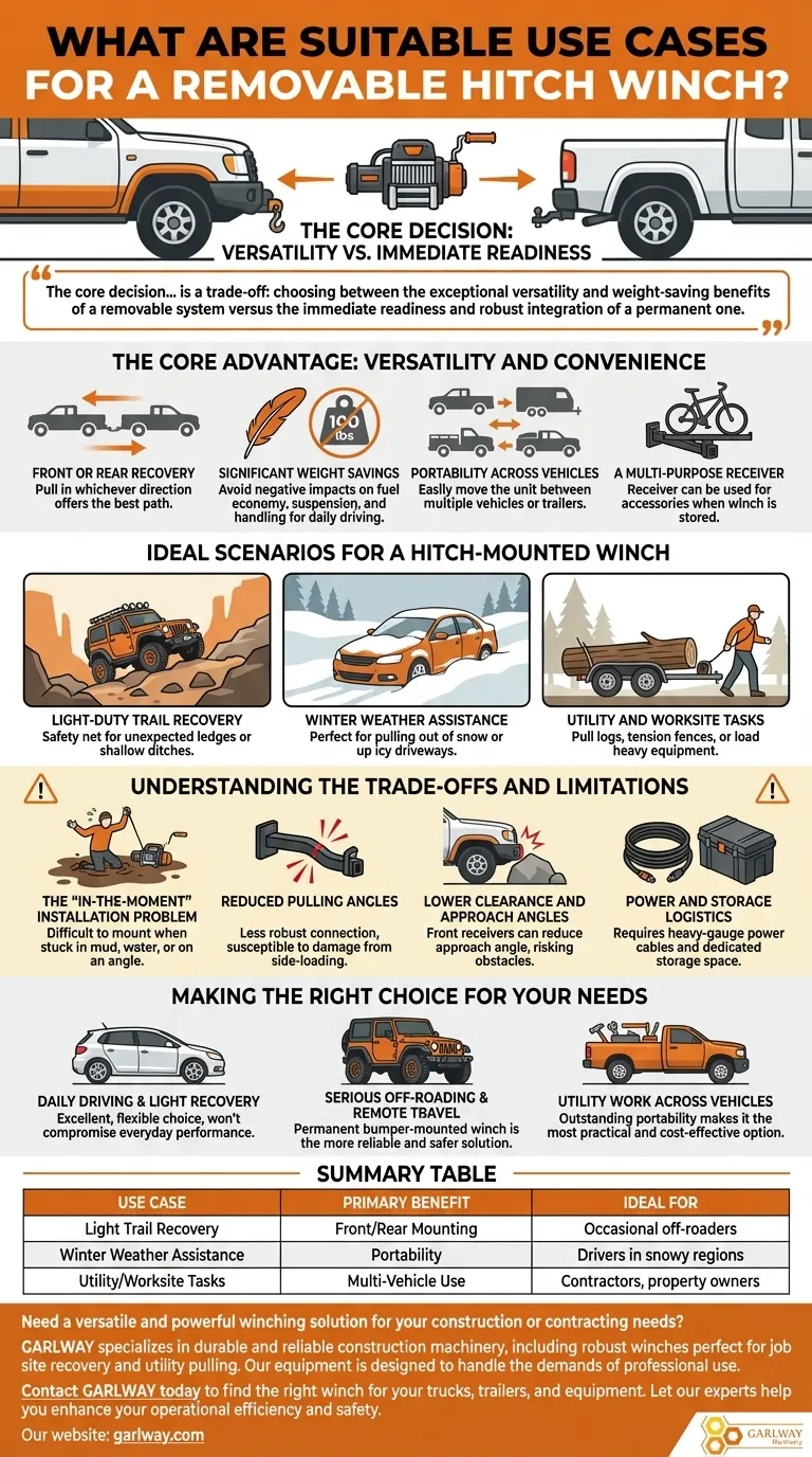 탈착식 히치 윈치의 적합한 사용 사례는 무엇인가요? 가벼운 작업을 위한 다목적 복구 및 눈길 시각적 가이드