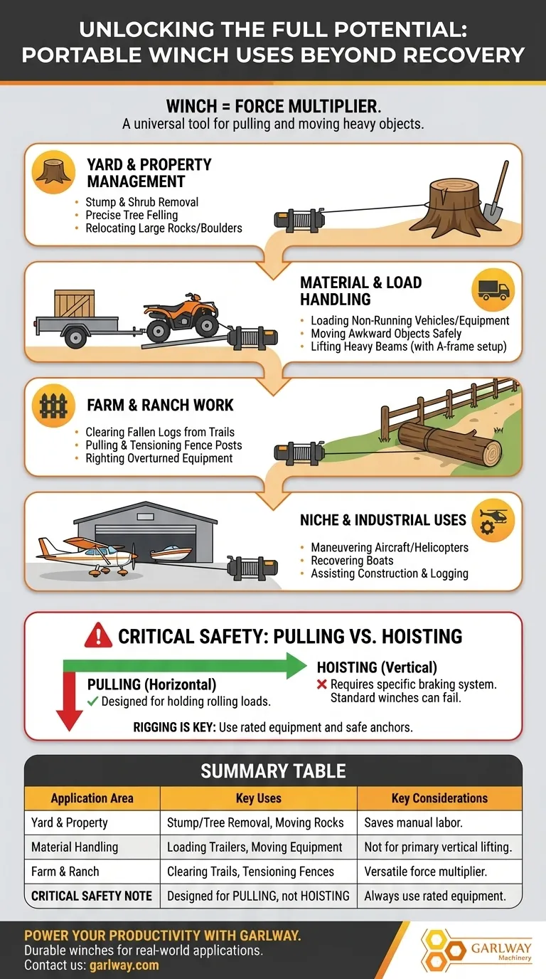 ¿Cuáles son algunos usos mencionados para los cabrestantes portátiles más allá de la recuperación de vehículos? Versatilidad esencial para la propiedad y el trabajo Guía Visual