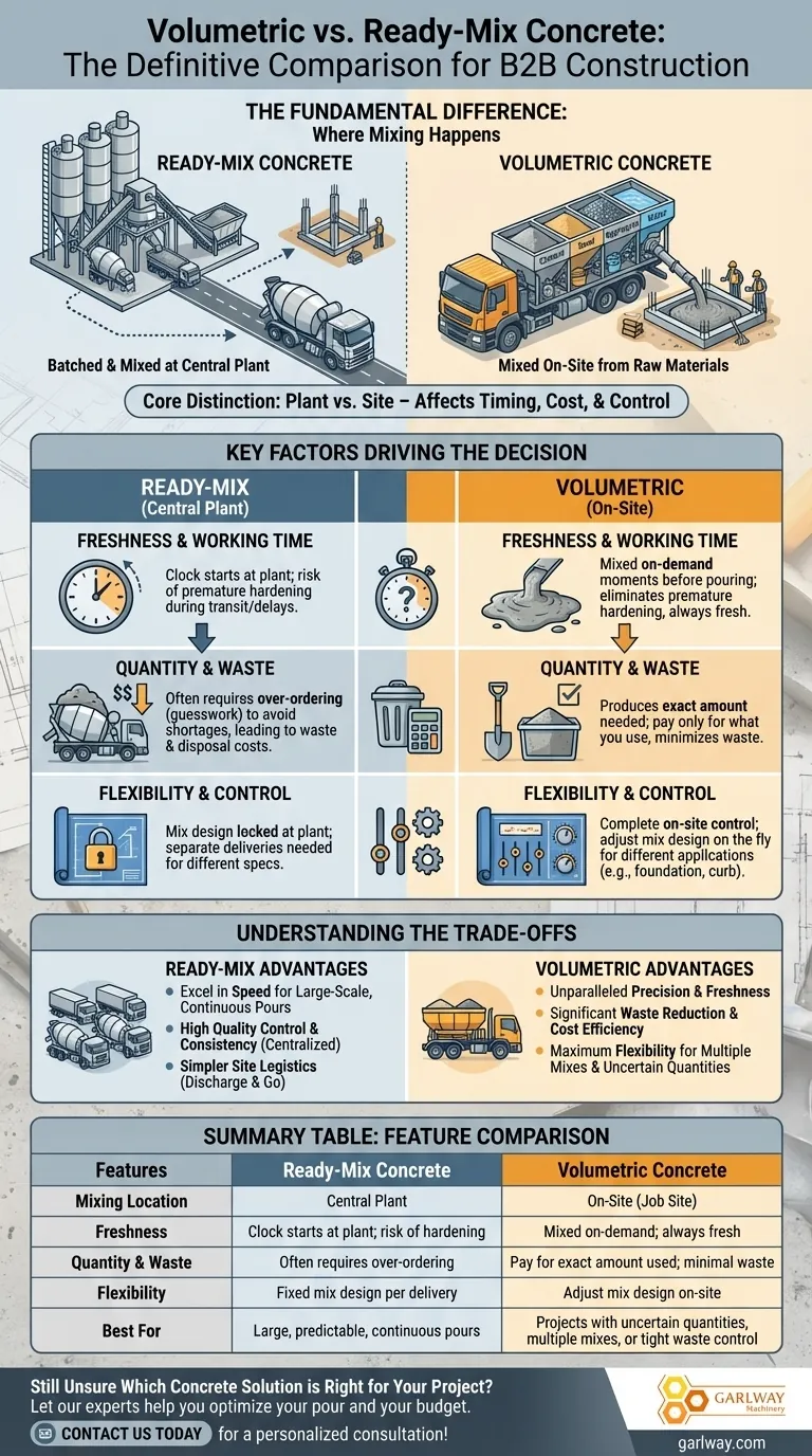 What is the difference between volumetric and ready mix concrete? A Guide to On-Site vs. Plant-Mixed Concrete Visual Guide