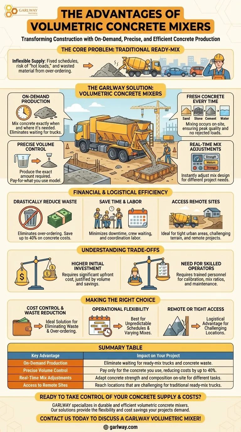 부피 콘크리트 믹서의 주요 장점은 무엇인가요? 주문형 콘크리트 생산 및 비용 관리 달성 시각적 가이드