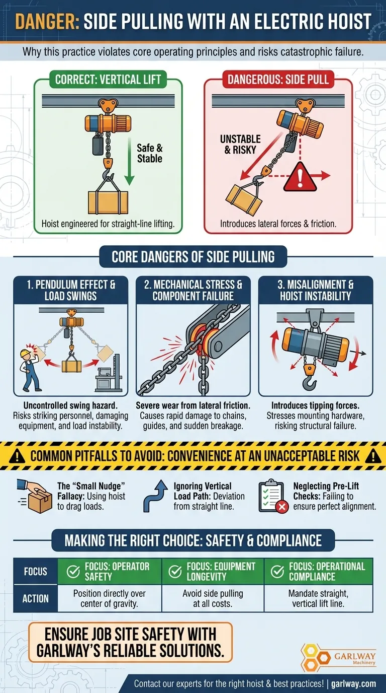 Qual é o perigo de puxar lateralmente ao usar um guindaste elétrico? Evite Falhas Catastróficas e Garanta a Segurança do Operador Guia Visual