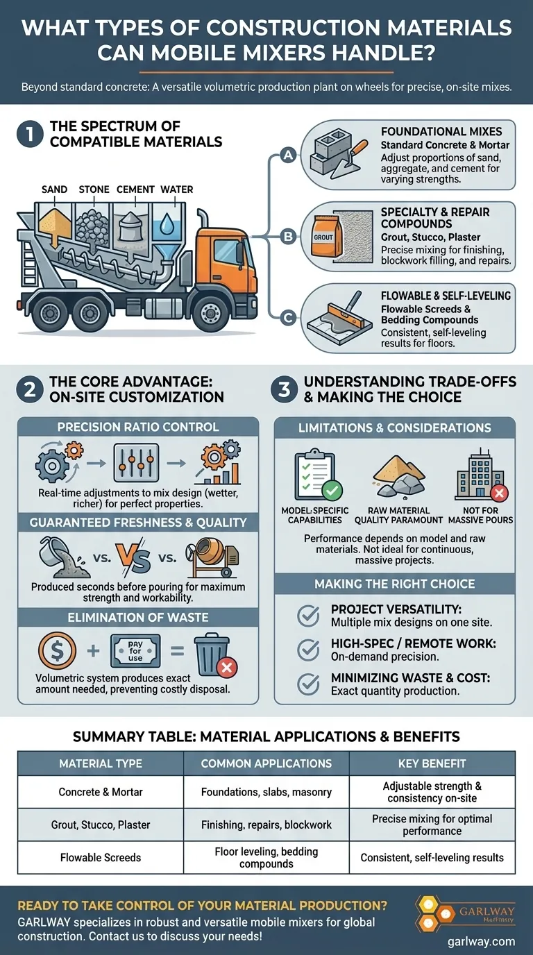 모바일 믹서는 어떤 종류의 건설 자재를 처리할 수 있습니까? 현장에서의 다용성과 제어를 극대화하세요. 시각적 가이드