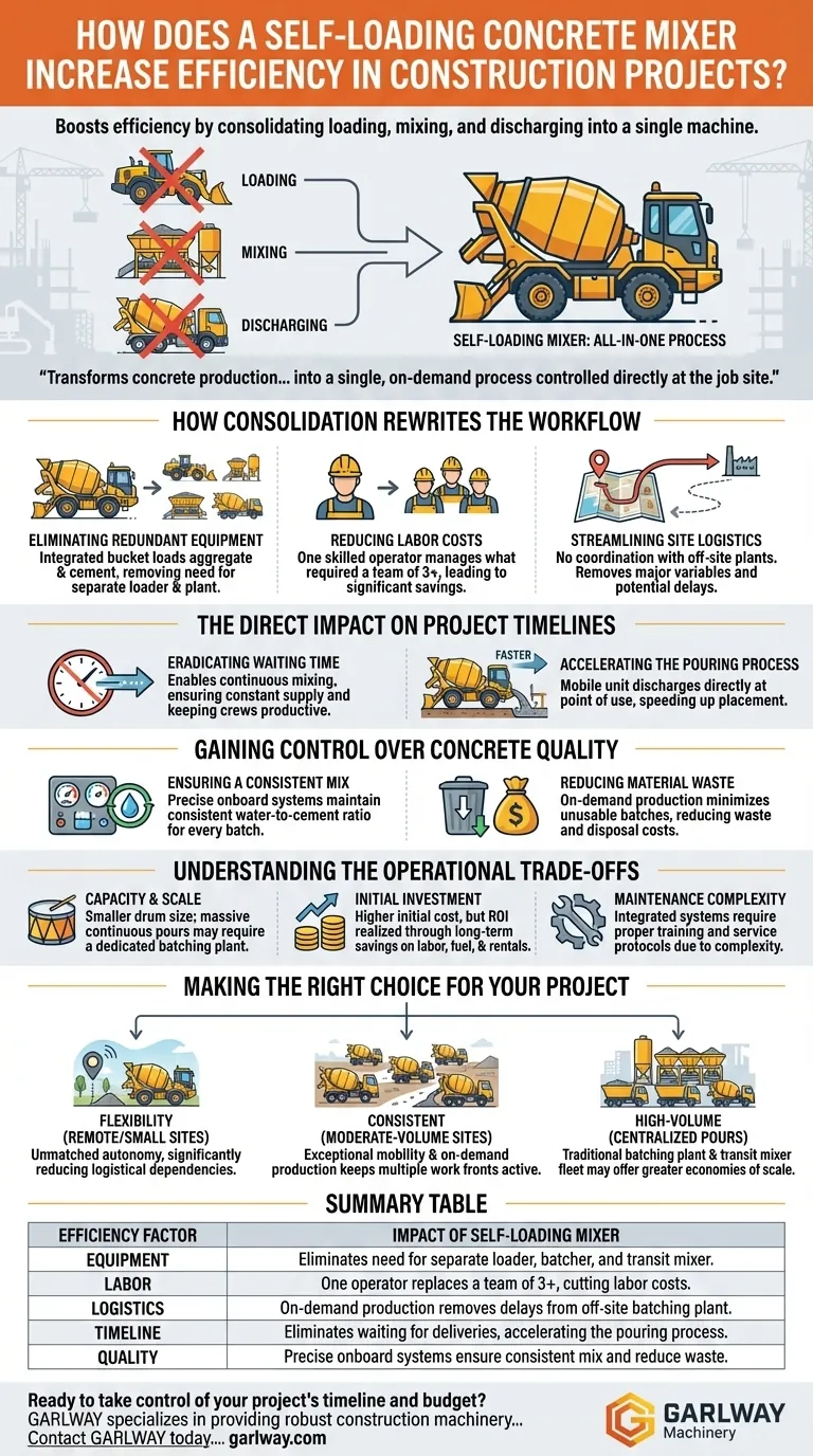 How does a self-loading concrete mixer increase efficiency? Consolidate 3 Jobs into 1 Machine Visual Guide