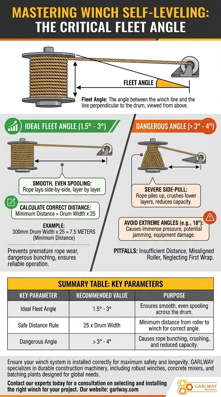 자가 수평 조정을 위한 윈치 드럼과 보우 롤러 사이의 권장 최대 각도는 얼마입니까? 안전하고 효율적인 스풀링 보장 시각적 가이드