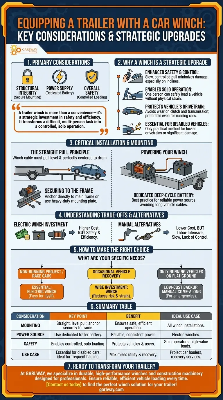 자동차 운반용 트레일러에 윈치를 장착할 때 고려해야 할 사항은 무엇인가요? 안전하고 효율적인 차량 적재 가이드 시각적 가이드