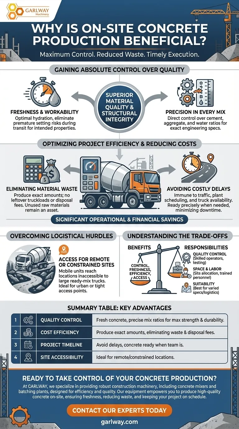 현장 콘크리트 생산이 유리한 이유는 무엇인가요? 통제력 확보, 비용 절감, 지연 방지 시각적 가이드