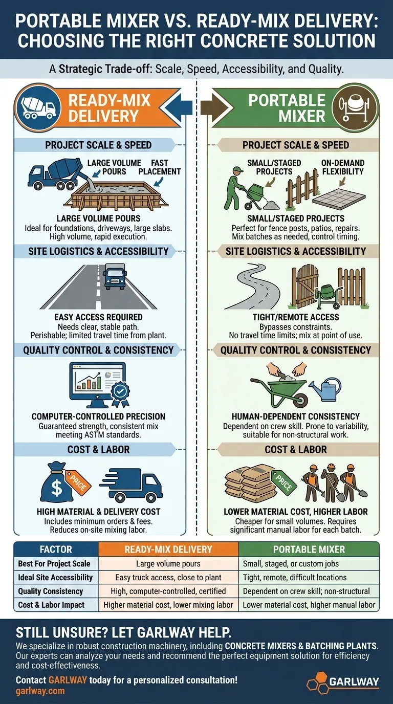 ¿Qué factores se deben considerar al elegir entre una hormigonera portátil y la entrega de hormigón preparado? Tome la decisión correcta para su proyecto. Guía Visual
