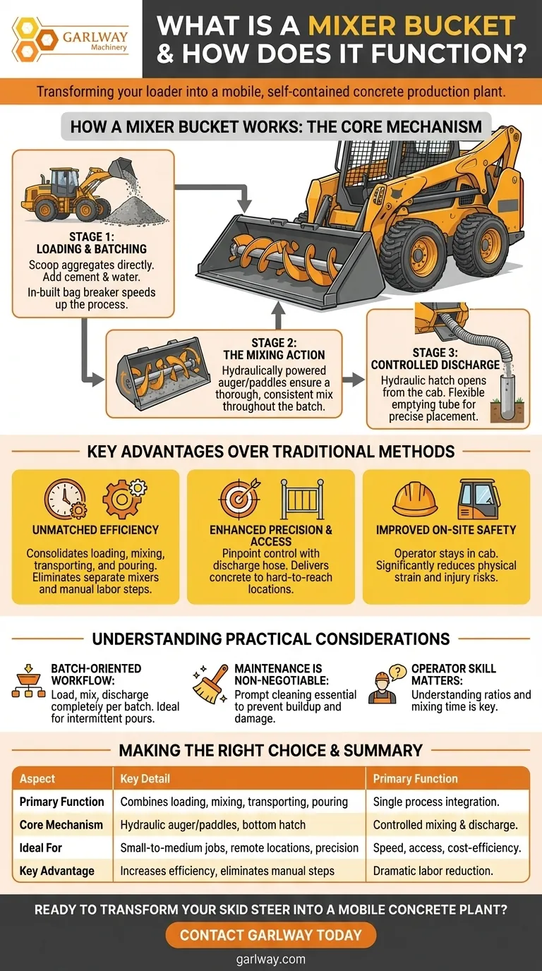 믹서 버킷이란 무엇이며 어떻게 작동합니까? 하나의 부착물로 콘크리트 작업을 간소화하세요. 시각적 가이드
