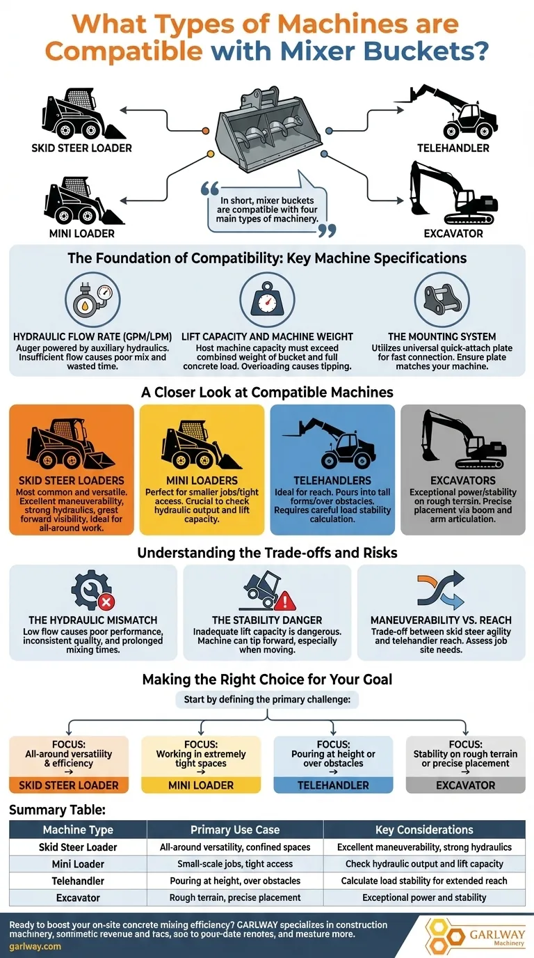 믹서 버킷과 호환되는 기계 유형은 무엇인가요? 콘크리트 작업에 적합한 기계를 선택하세요. 시각적 가이드