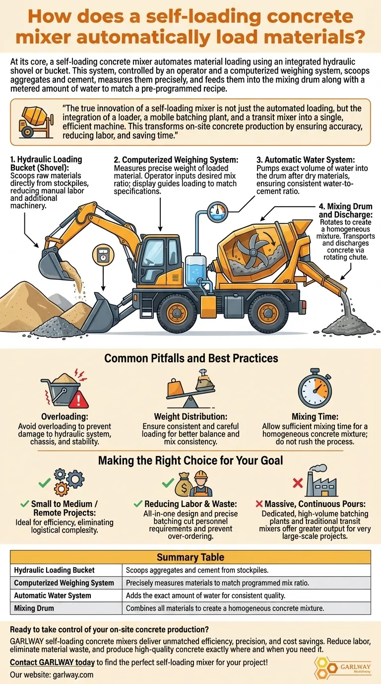 How does a self-loading concrete mixer automatically load materials? Achieve On-Site Efficiency & Precision Visual Guide