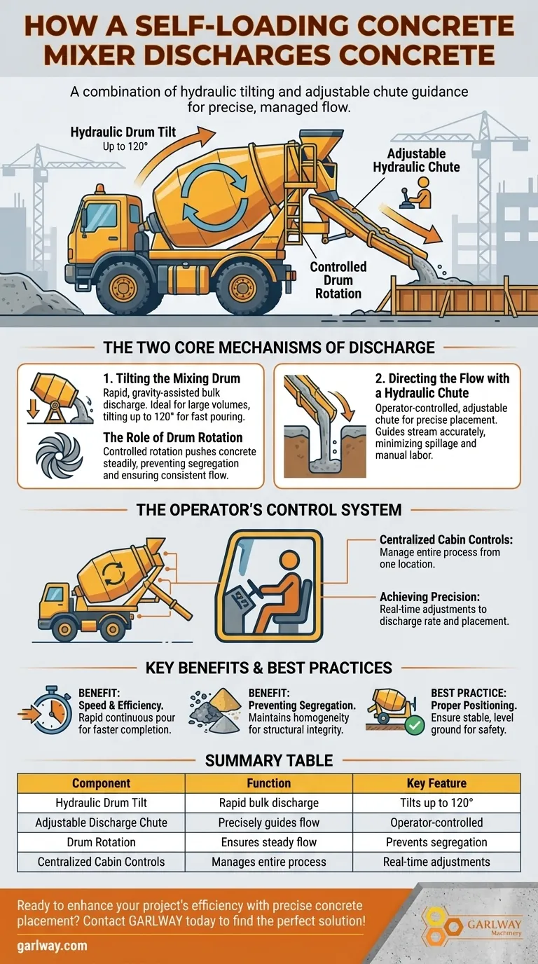 How is concrete discharged from a self-loading mixer? Achieve Fast, Precise Pouring Visual Guide