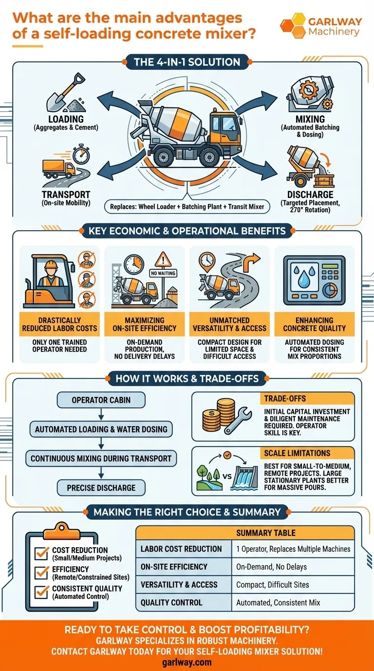 자가 로딩 콘크리트 믹서의 주요 장점은 무엇인가요? 현장에서 효율성을 높이고 비용을 절감하세요. 시각적 가이드