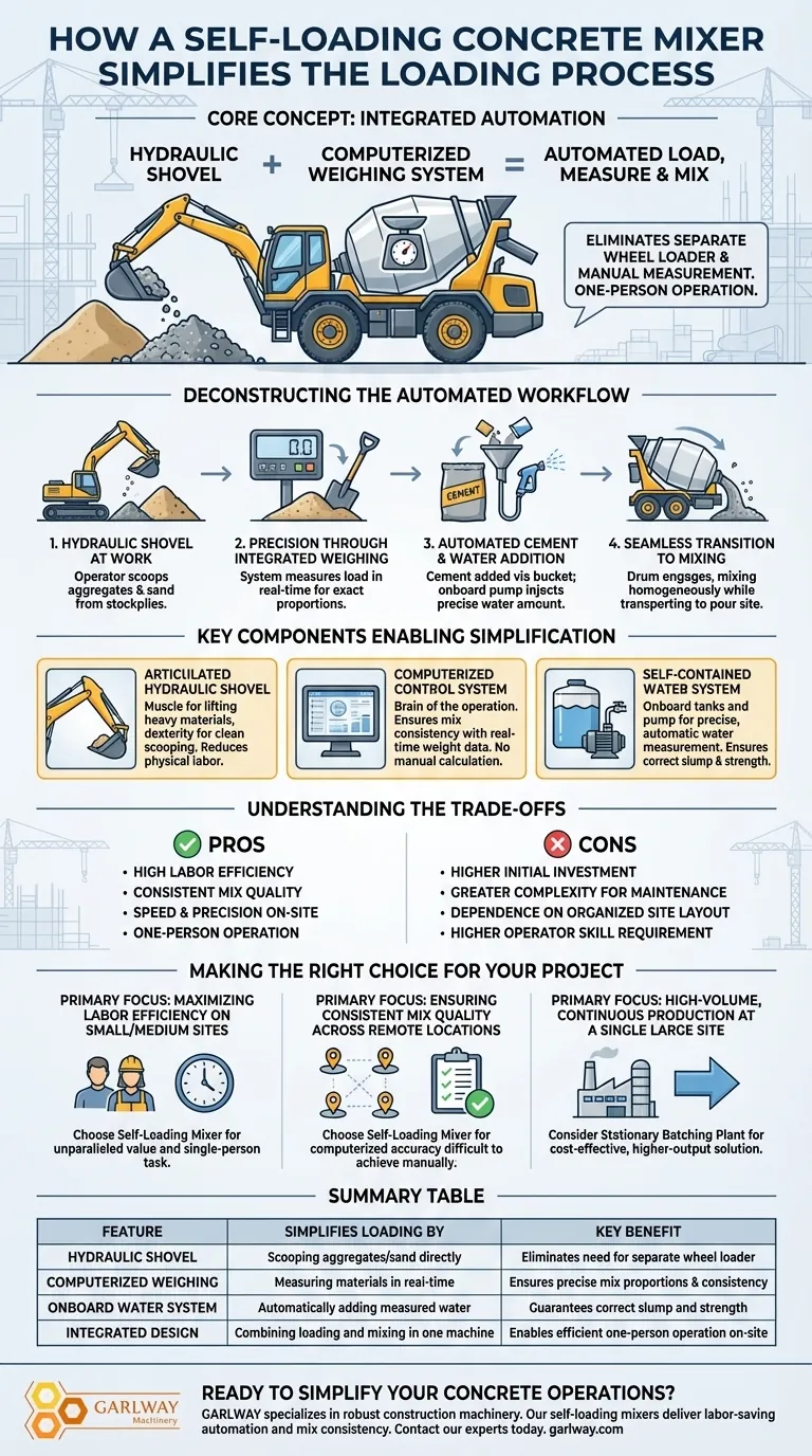 How does a self-loading concrete mixer simplify the loading process? Achieve One-Person Operation & Perfect Mix Quality Visual Guide