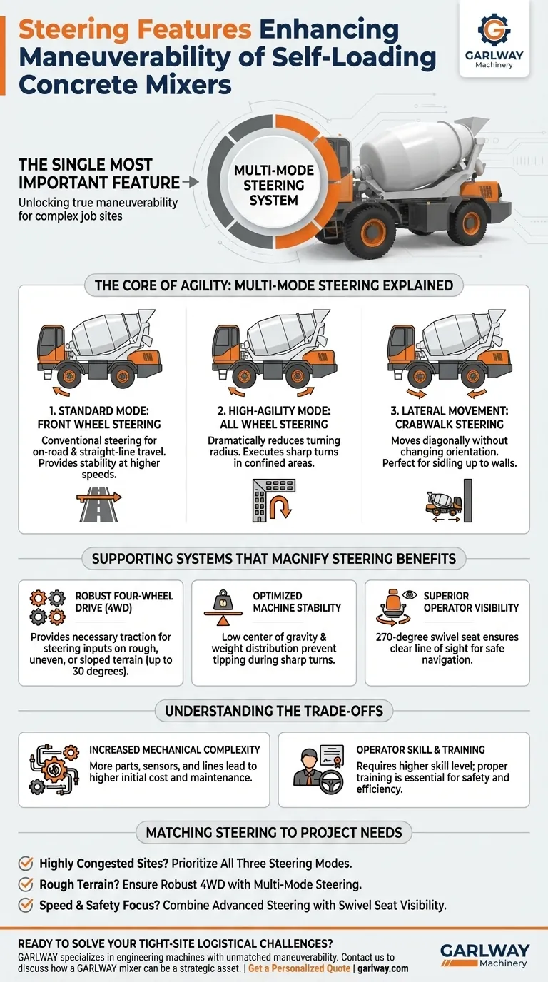 Welche Lenkfunktionen verbessern die Manövrierfähigkeit von selbstladenden Betonmischanlagen? Entfesseln Sie Agilität für enge Baustellen Visuelle Anleitung