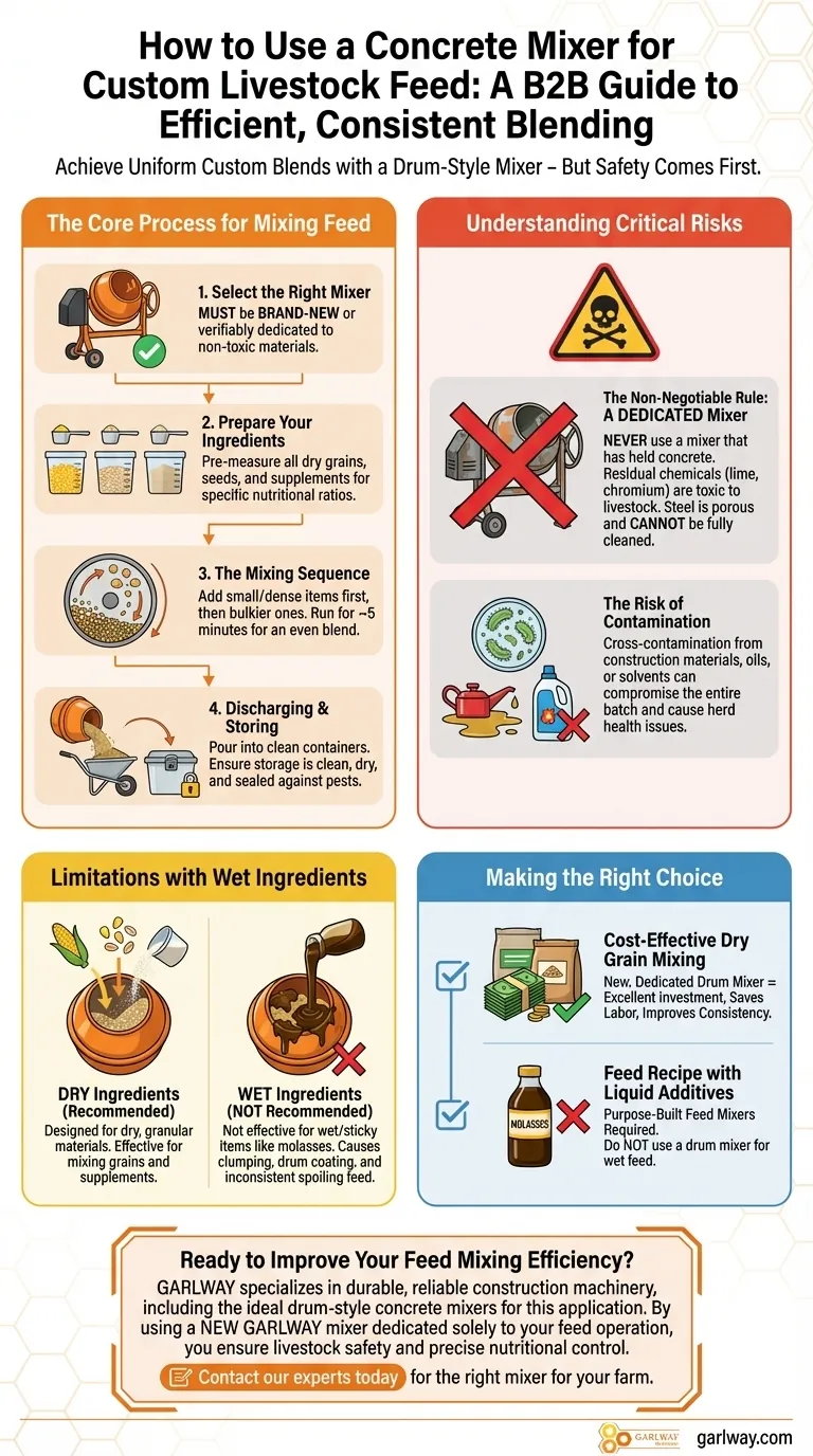 콘크리트 믹서를 사용하여 맞춤형 가축 사료를 혼합하는 방법은 무엇인가요? 일관되고 직접 만든 영양 섭취 시각적 가이드