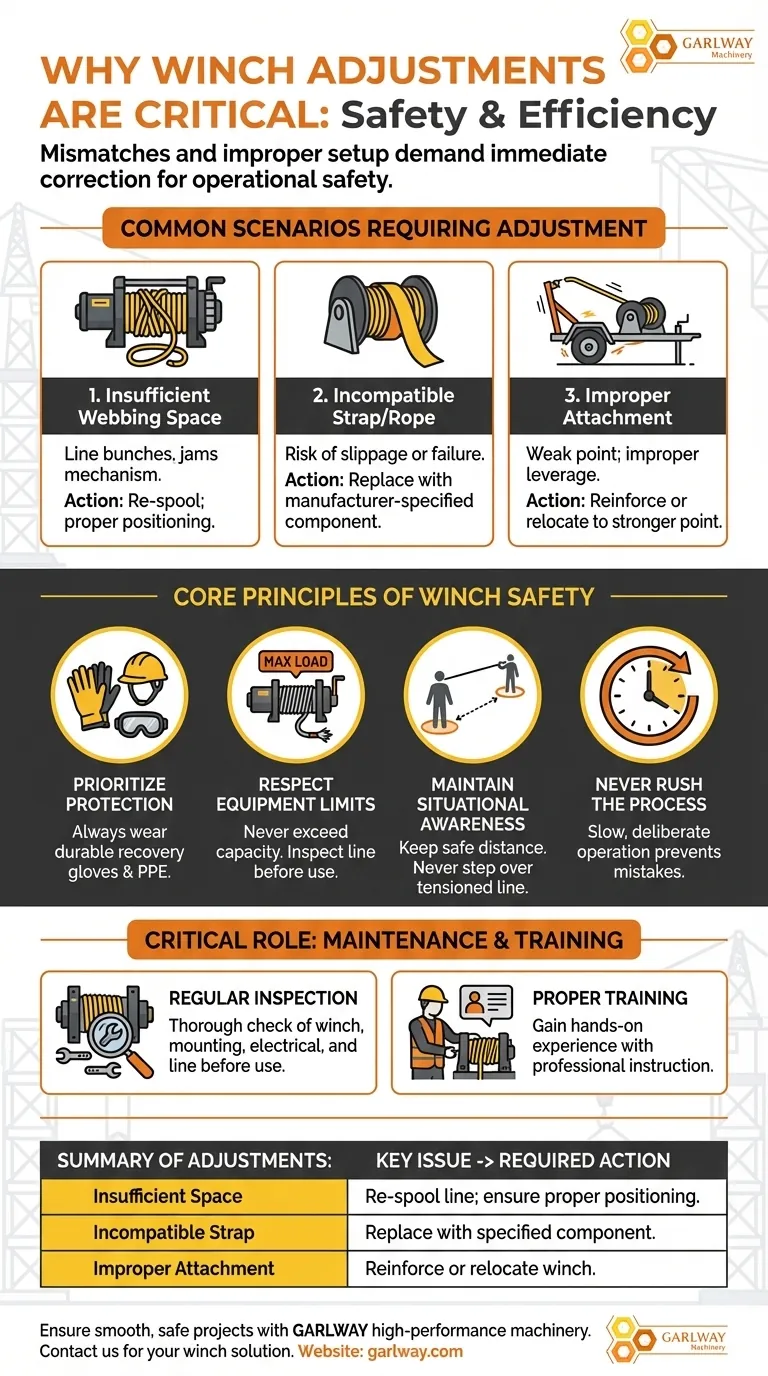 Why might adjustments be needed when using a winch? Ensure Safe & Efficient Operation Visual Guide