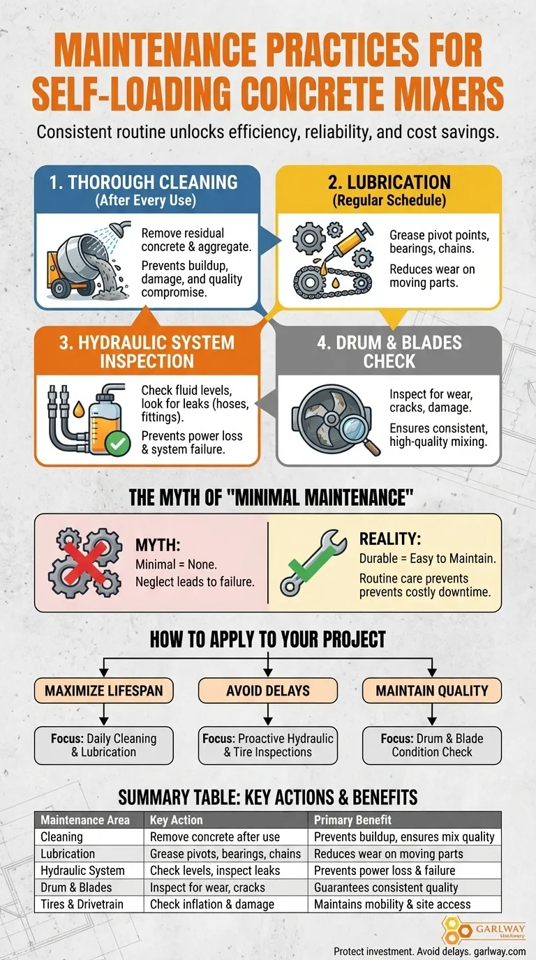 What maintenance practices are recommended for self-loading concrete mixers? Maximize Uptime and Lifespan Visual Guide