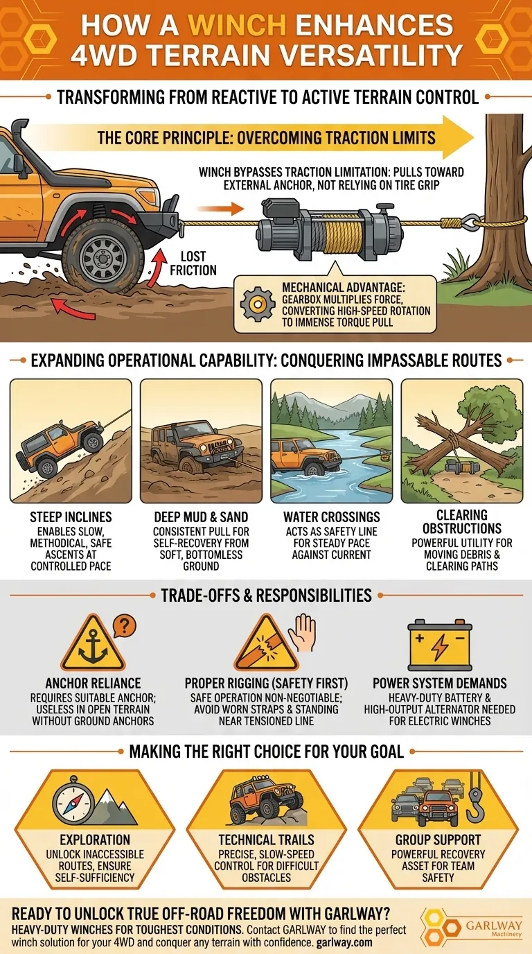 윈치는 4WD 차량의 지형 적응력을 어떻게 향상시키나요? 완벽한 오프로드 제어 달성 시각적 가이드
