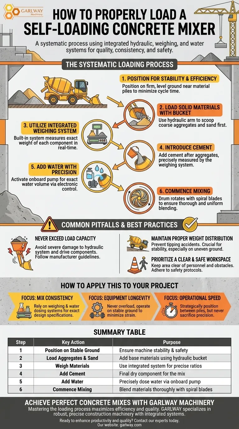 How should materials be loaded into a self-loading concrete mixer? Master the Step-by-Step Process Visual Guide