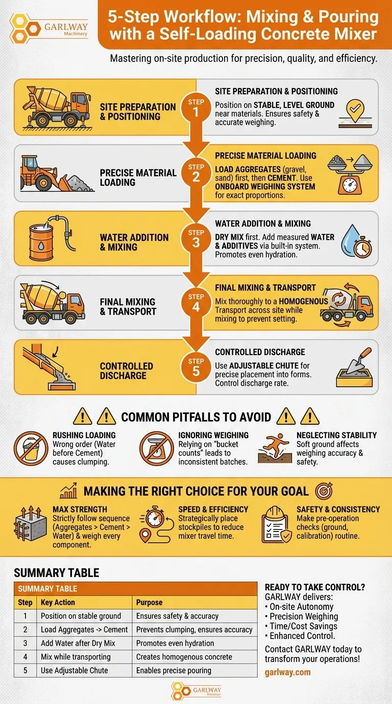 Какие этапы включает в себя смешивание и заливка бетона с помощью самоходного бетоносмесителя? Освойте 5-этапный процесс на месте Визуальное руководство
